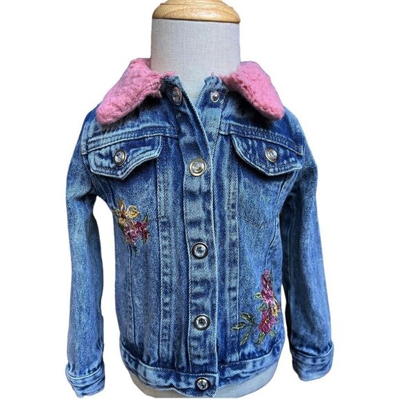 Little Lass Girls Fur Collar Floral Embroidered Button Front Jean Jacket. 3. 3T. - Picture 1 of 10